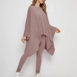 Women Solid Color Loose Stylish Batwing Sleeve T-shirt and Leggings Suit