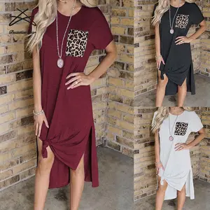 Women Summer Leopard Pockets Stitching Split Short Sleeve Slit Sleep Casual Dress For Women Women's Casual Shirt Dresses