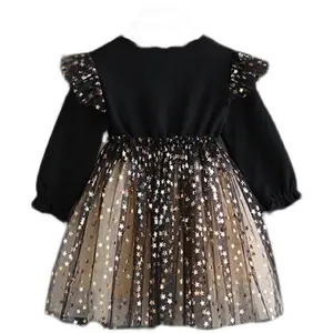 Bán Buôn Trẻ Em Cô Gái Trẻ Em Dresses Toddler Dài Tay Áo Sáng Bóng Sao Ăn Mặc Cô Gái Váy Dài Vải Tuyn Dresses Trẻ Em Giản Dị Váy Dài