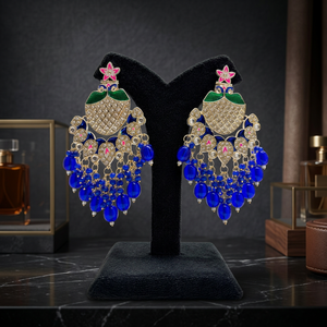 Indian Traditional Meenakari Peacock <b>Earrings</b> Gold Plated Kundan Statement Chandelier Dangle <b>Earrings</b> with <b>Blue</b> Crystal Beads - Product Image 2