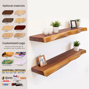 رف خشبي طبيعي من خشب الأكاسيا بحواف طبيعية، يثبت على الحائط، متين للاستخدام في الحمام والمطبخ وغرفة المعيشة - Product Image 1