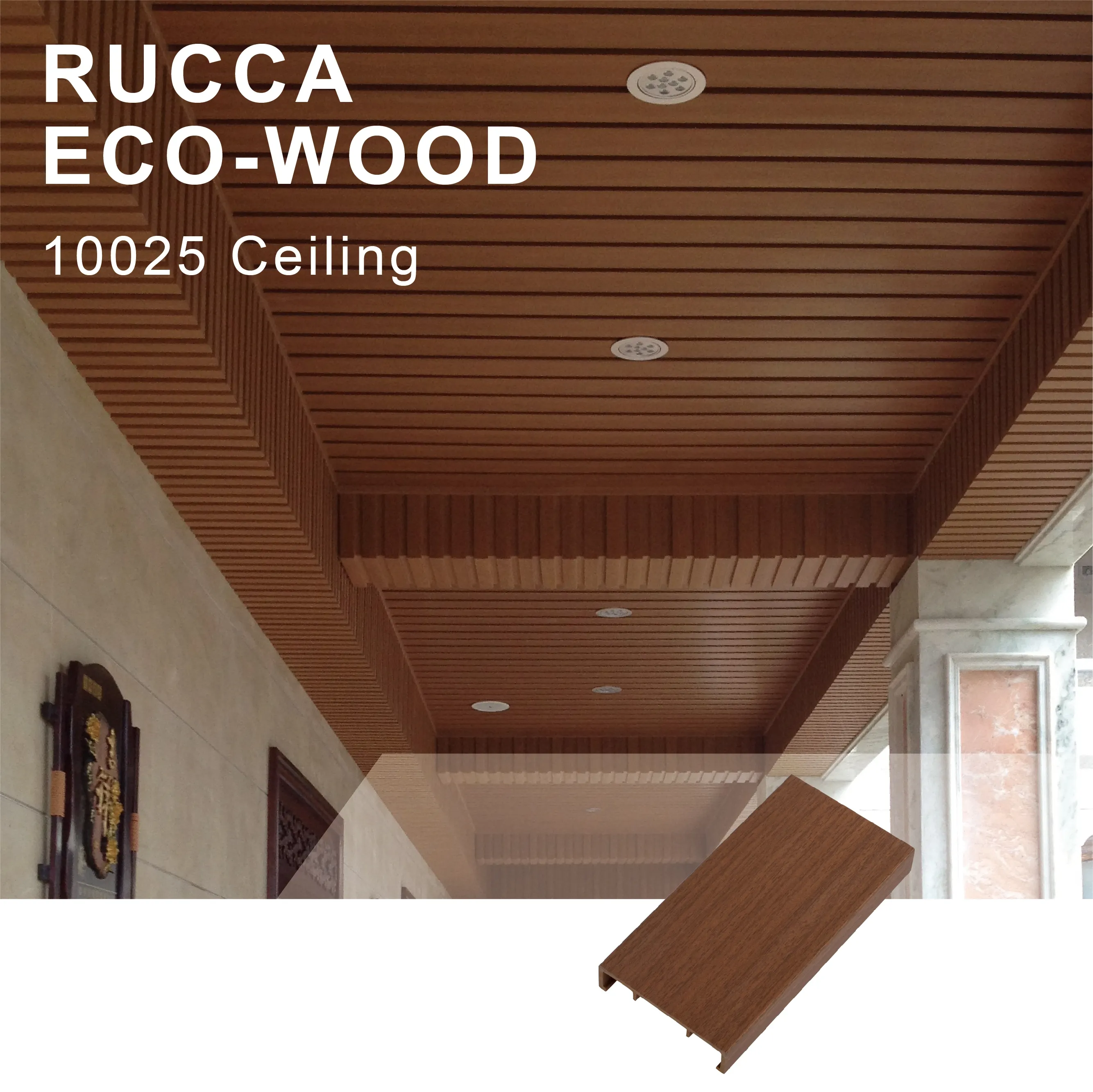 Foshan Rucca WPC Композитный потолочный дизайн, водонепроницаемый подвесной потолок для жилых помещений 100x25 мм