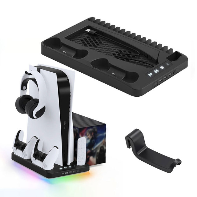 Multi-function Charging Station Base and Cooling Vertical Stand Fan With Rgb Lights Dual Controller for P5 Slim Console Charger