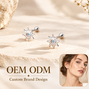 Boucles d'oreilles clous en acier inoxydable en forme de soleil avec zircon cubique bleu, à visser, pour femmes, bijoux élégants, vente en gros OEM/ODM - Product Image 1