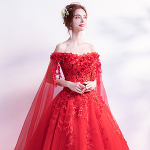 Rose Red Tulle Off-Shoulder Ball Gown Wedding Dress Empire Waist Floral Print Long Sleeve Evening Gown - Product Image 4