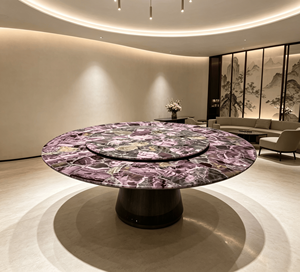 โต๊ะรับประทานอาหารหินอ่อนสีม่วงอเมทิสต์ธรรมชาติ พร้อมถาดหมุนแบบ Lazy Susan ดีไซน์ทันสมัย ขาโลหะ สำหรับ 8 ที่นั่ง เฟอร์นิเจอร์รับประทานอาหารสุดหรูสำหรับวิลล่า - Product Image 3