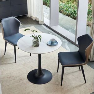 Juego de mesa y sillas de comedor de 3 piezas con base redonda de metal negro y sillas de cuero marrón para sala de estar, comedor u oficina - Product Image 3