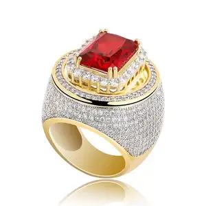 DUYIZHAO Hip Hop Style Gold Plated Full Of Zirconia Ruby Ring Iced Out Large Square Zircon Paved Exaggerated Ring For Men Women