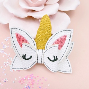 Children's Unicorn <b>Bow</b> Sweet Baby Embroidered Hair <b>Clip</b> PU Leather Fabric Hair Accessories - Product Image 1