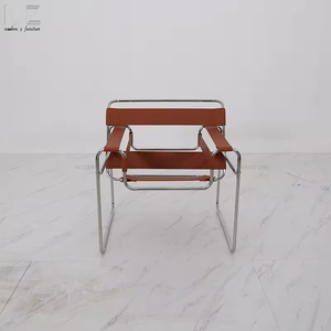 Ghế bành thiết kế giữa thế kỷ, khung thép không gỉ, ghế bành da trắng, ghế nghỉ ngơi, ghế trang trí bằng da bò - Product Image 6