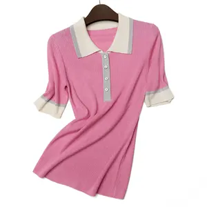 Women Girls Rib Knitted Cashmere Short Sleeve Spring Summer 85% Silk 15% Cashmere Polo Sweater TOP T-shirt Short Sleeves Women