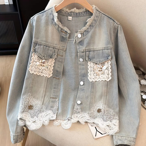 Chaqueta Vaquera Corta de Estilo Hongkonés, Holgada, Lavada, con Parches de Encaje 3D, para Mujer, Juvenil y Elegante, Nueva de Principios de Otoño - Product Image 1