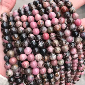 Natural Rhodonite Smooth Round Beads Gemstone Round Loose Energy Healing Beads Pink Black Rhodonite for Jewelry Making