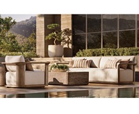 Ensemble de canapés d'extérieur en teck toutes saisons, chaises longues confortables pour jardin, sièges de patio en bois avec coussins moelleux pour terrasse d'hôtel