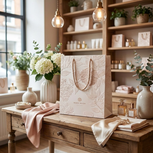 Элегантный подарочный пакет Minghong из экологичной перерабатываемой бумаги с гладкой поверхностью, тиснением в виде цветов и акцентами цвета розового золота, для ювелирных изделий, с возможностью индивидуального заказа - Product Image 2