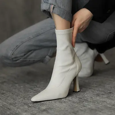 Brand New High Heel Short Boots Women Leather Ankle Boots for Women Pointed Toe Ankle Boots Shoes with High Quality Black PVC