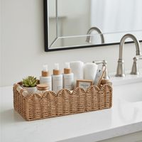 Panier de rangement rectangulaire en corde de papier naturelle tressée à la main avec design festonné, poignées en bois, plateau décoratif style bohème pour la maison