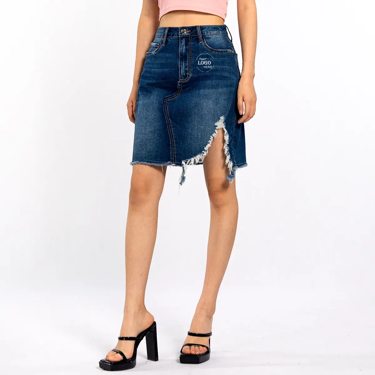 Summer Button Closure Raw Edge Stretch Blue Jean Skirt With Slit Casual Design Pocket Denim Skirt For Women