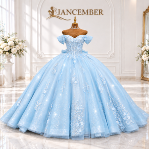 Lsdz023-Pz Radiant Aqua <b>Blue</b> Scalloped Sweetheart Cascading Pearl Vine Starlight Mesh <b>Ball</b> <b>Gown</b> Quinceanera Dress Jancemebr - Product Image 3