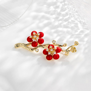 Chinese Style Red Plum Blossom Brooch Zinc Alloy Claw Setting Men's Suit Accessory Party Corsage - Product Image 1
