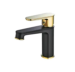 Keran kuningan hitam emas, keran tuas tunggal Geladak dipasang dengan lubang tunggal permukaan disikat untuk keran Mixer wastafel kamar mandi