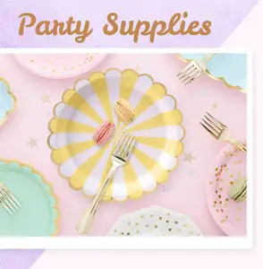 공장 가격 일회용 생분해성 생일 세트 파티 식기 축제 아이템 골드 스탬핑 종이 접시 디저트 접시 컵