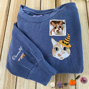 Chat brodé personnalisé Portrait Photo femmes Halloween sorcière chapeau sweat à capuche hiver automne tissé tissu 3D motif avant - Product Image 2