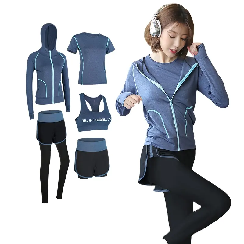 woman sports leisure running quick dry breathable gym suit bra top short sleeve plus size yoga 5 piece fitness sets