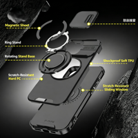 Coque de téléphone personnalisable en TPU+PC pour iPhone avec fenêtre coulissante pour l'appareil photo, support magnétique, béquille, coque antichoc robuste 3-en-1