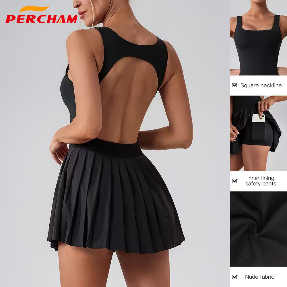 Women's Sleeveless Anti-Exposure Sports Yoga Dress High Waist Pleated Yoga Skirt Running Breathable Tennis Dress