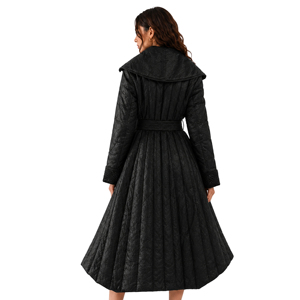 Elegant Black Belted Quilted Long <strong>Coat</strong> for Women, Big Notched Lapel Slim Waist Formal Commute Padded Overcoat - Product Image 3