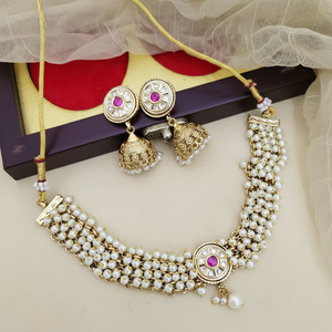 Ensemble de collier de perles ethniques plaquées or de haute qualité avec boucles d'oreilles pour la collection de vêtements de mariage pour les femmes et les filles - Product Image 1