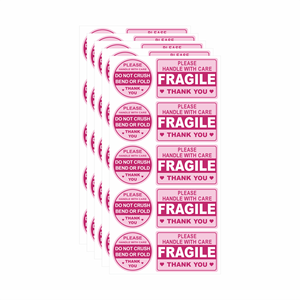 ピンクの「FRAGILE」注意書き付き配送ステッカー、自己粘着式、防水、破損防止、物流用警告包装ラベル - Product Image 1