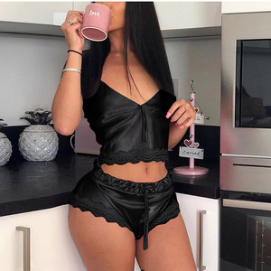 <span class=keywords><strong>Satin</strong></span> <span class=keywords><strong>de</strong></span> Soie Pyjama Ensembles Dames Dentelle V-cou Cultures Camisole Shorts 2 Pièces Nuit Vêtements pour les Loisirs Pyjamas - Product Image 6