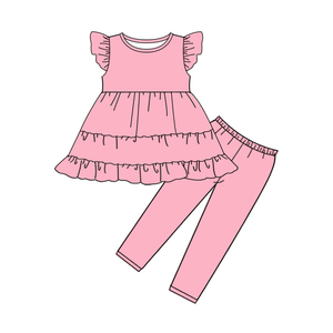 GSPO2277 Conjunto de Ropa Infantil Personalizado para Niña Activa, Color Rosa Sólido con Estampado, Venta al por Mayor, Conjunto sin Mangas para Niña - Product Image 1