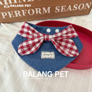 Babero triangular de mezclilla BaLang para mascotas con lazo rojo a cuadros para perros y gatos, accesorios lavables para mascotas para todas las estaciones - Product Image 5