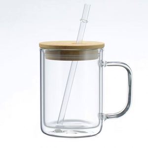 Tazas de sublimación transparentes para viaje al por mayor RTS, con tapa de bambú, en blanco, de 15 oz, de vidrio esmerilado de doble pared, personalizables, para café. - Product Image 1