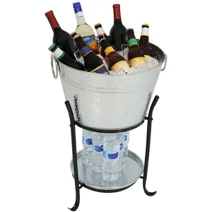 Home Galvanized Beverage Tub Galvanized Steel Ice Bucket Holder and Cooler with Stand and Tray