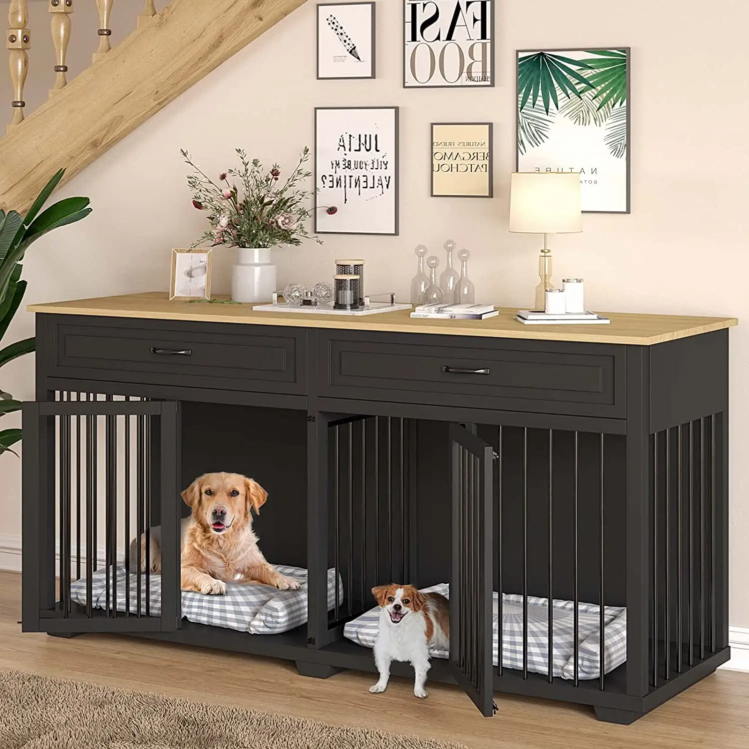 Meuble de cage pour chien avec 2 tiroirs, niche en bois de 73 pouces avec 2 pièces et séparateur amovible, Table d'extrémité de cage pour chien pour petit M