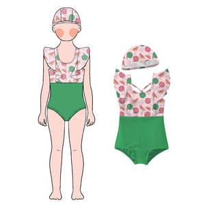 Venta al por mayor de trajes de baño de 2 piezas de tela de verano personalizados para niños niñas traje de baño de una pieza <span class=keywords><strong>y</strong></span> gorro de baño conjunto combinado para niños natación - Product Image 3