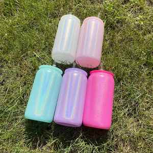 Gobelet en verre holographique irisé scintillant de 16 oz avec couvercle en PP et pailles pour impression par transfert thermique - Product Image 2