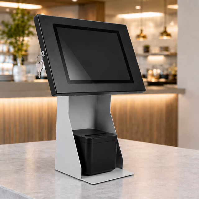 POS Tablet Stand with Locking Anti-Theft Enclosure & Printer Space Key-Lock Metal iPad Holder for Self Service Counter PS-505