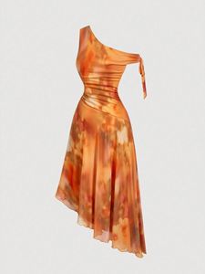 ชุดเดรสแฟชั่นสำหรับผู้หญิง ดีไซน์หรูหรา ไหล่เฉียง ผ้าตาข่ายพิมพ์ลาย เหมาะสำหรับใส่ไปเที่ยวพักผ่อน - Product Image 4