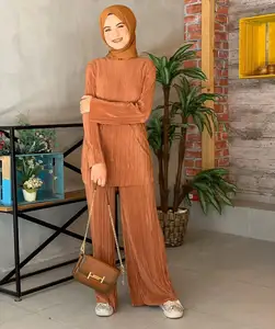 202448 atasan dan celana panjang Muslim wanita kasual Abaya lipit atasan lengan panjang dan celana Set Dubai Turki pakaian rumahan Solid tanpa jilbab