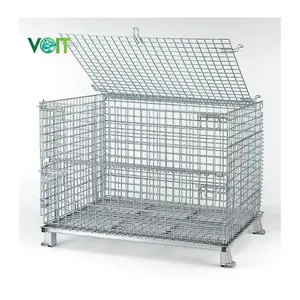 Heavy Duty Foldable Metal Galvanized Wire Mesh Cage Container With Lid