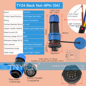 Lehim-ücretsiz su geçirmez hızlı bağlantı ortak tel bağlayıcı erkek kadın priz TY24 geri Nut-8P 5A dairesel kablo konnektörleri - Product Image 2
