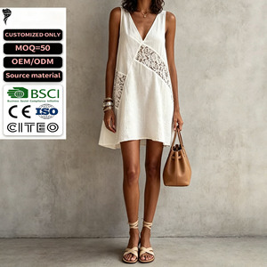 <b>Top</b> Selling Women Summer Casual Mini Dress White V Neck Sleeveless Lace Splicing <b>Linen</b> Fabric Loose Swing Short Dress - Product Image 1