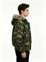 Veste bomber en toile personnalisée de haute qualité avec impression numérique camouflage, coupe ample, fermeture éclair et capuche en fourrure, pour l'automne