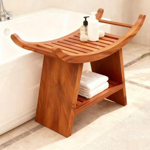 Teak Wooden <b>Bath</b> Stool 60x31x43.5cm With <b>Storage</b> Shelf For Bathroom Use - Product Image 1