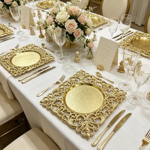 Assiettes de Présentation Carrées Dorées en <span class=keywords><strong>Plastique</strong></span> de 33 cm, Style Vintage, Bord Creux, pour Banquets, Dîners, Décoration de Table, Assiettes de Mariage - Product Image 3